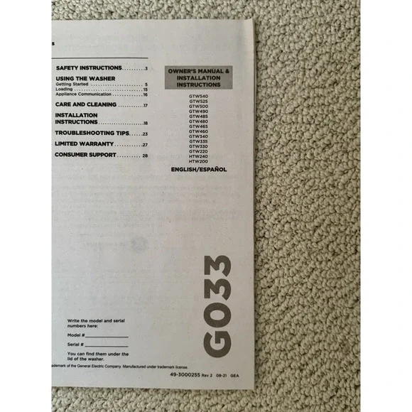 GE Profile Washer G033 Paper Owner's Manual & Installation Instructions - Picture 2 of 4